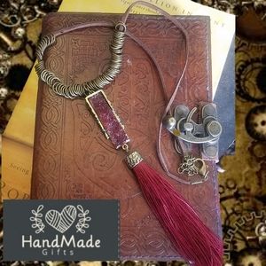 LAST ONE! NEW Handmade Ruby & Gold Druzy with Tassel Necklace Leather Adjustable